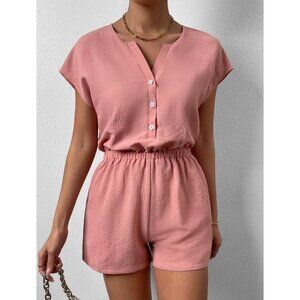 Boho Button Front Batwing Sleeve Half Button Romper pink